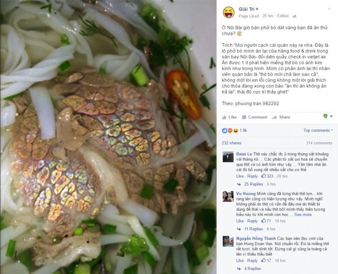 Fanpage chia sẻ hình ảnh bát phở "dát vàng" tại sân bay Nội Bài.