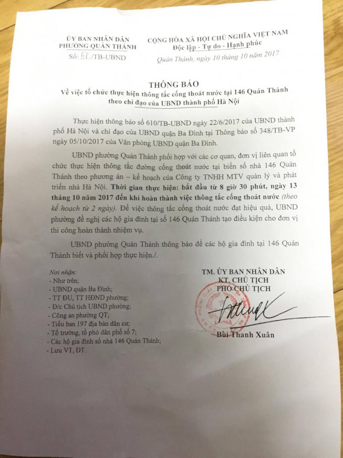 Thông báo của UBND phường Quán Thánh về việc thông đường cống cũ.