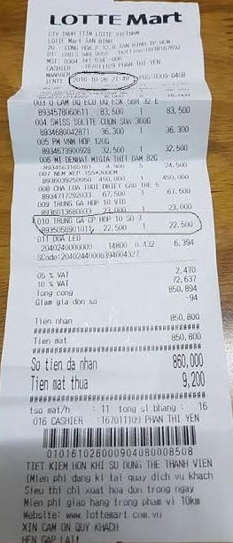 Hóa đơn tính tiền anh H. mua tại siêu thị.