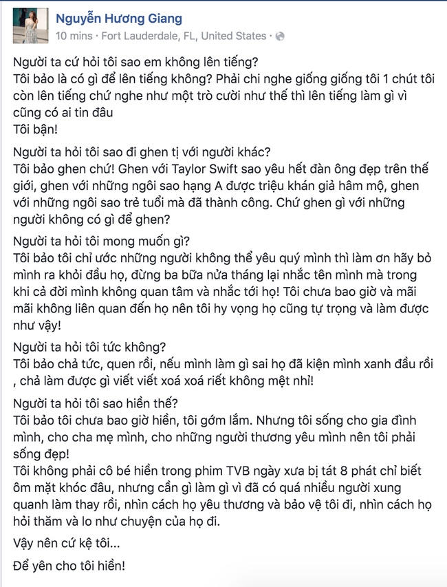 Nguyên văn dòng trạng thái của Hương Giang Idol.