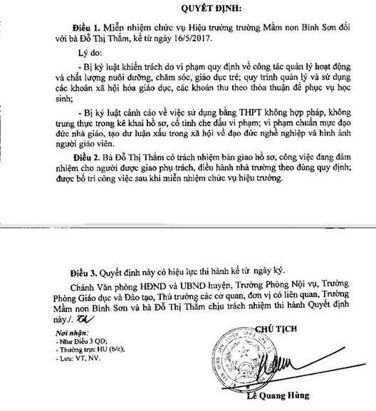 Quyết định miễn nhiệm chức vụ Hiệu trưởng đối với bà Đỗ Thị Thắm