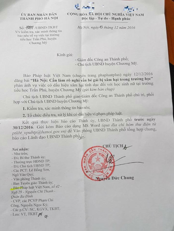 Công văn số: 7091/UBND - TKBT của UBND TP Hà Nội yêu cầu các cơ quan chức năng liên quan vào cuộc điều tra, làm rõ vụ việc.