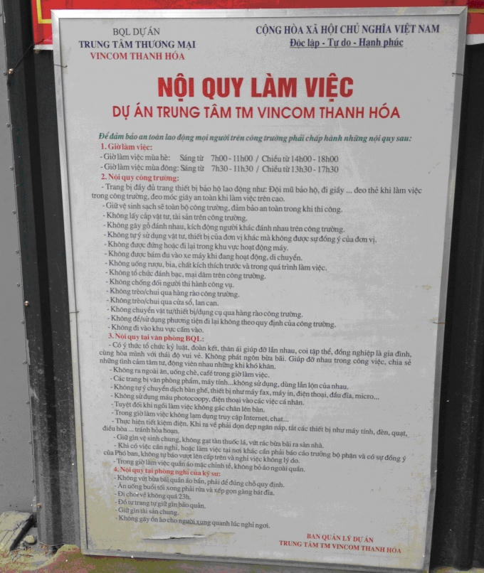 Nội quy làm việc tại công trường.