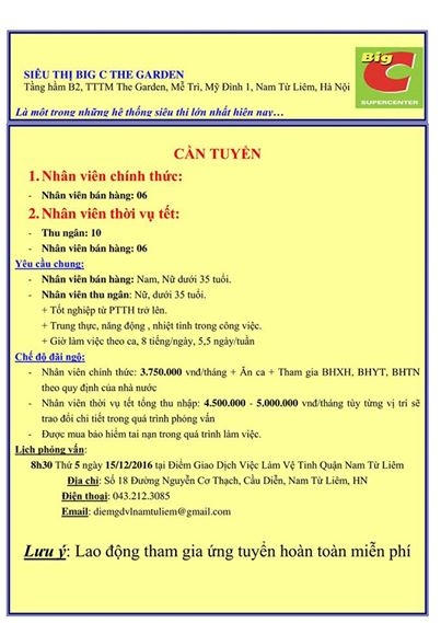 File tuyển dụng của hệ thống siêu thị Big C The Garden ban hành.