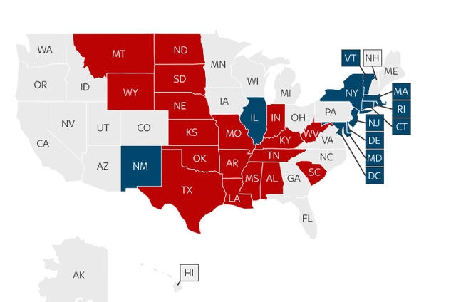 Bản đồ cho thấy các bang đã được kiểm phiếu sơ bộ ủng hộ ứng viên Cộng hòa (màu đỏ) và Dân chủ (màu xanh). (Ảnh: Sky news)