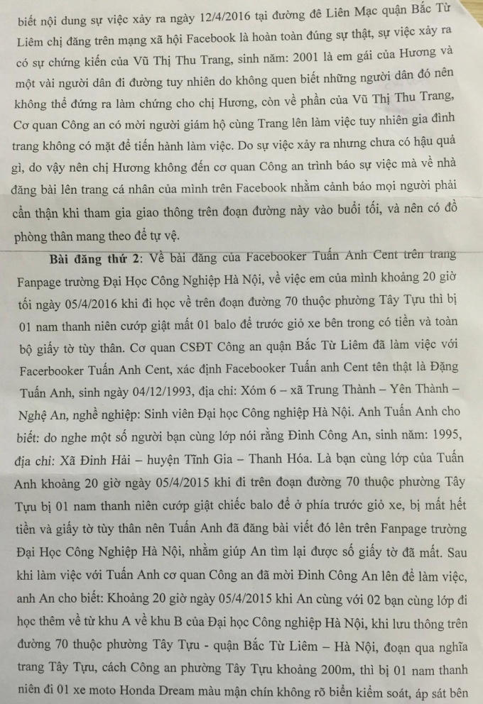 Nội dung xác minh của Công an quận Bắc Từ Liêm về thông tin Tòa soạn Pháp luật Plus phản ánh.