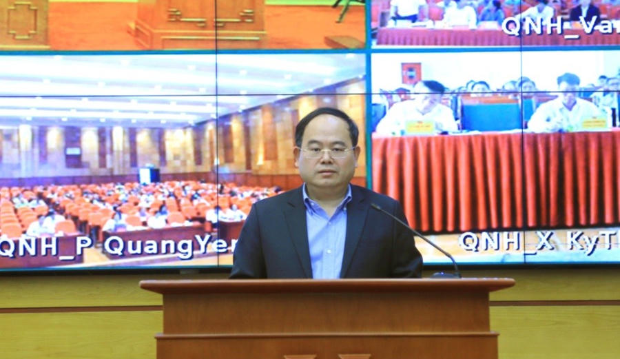 Bí thư Tỉnh ủy Quảng Ninh Quản Minh Cường phát biểu chỉ đạo tại hội nghị trực tuyến triển khai công tác bầu cử.