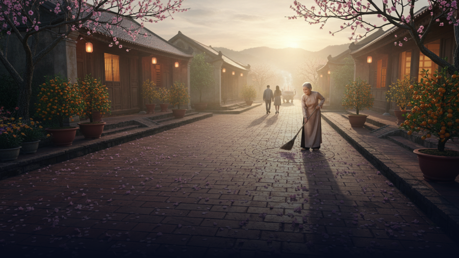 Đường làng ngõ xóm sạch bong, xác pháo đỏ (tượng trưng) hoặc những cánh hoa đào rơi vương vãi trên sân gạch tạo nên một khung cảnh thơ mộng. (Ảnh: Phạm Duy)