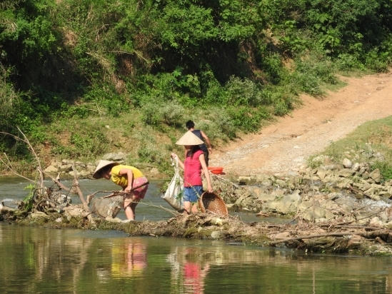 Trước tình trạng nhiều người dân hai bên bờ sông Bưởi đã ra vớt cá chết, UBND xã Thạch Lâm đã khuyến cáo "không tự ý vớt cá chết về ăn, không lấy nước để tắm rửa, sinh hoạt cho đến khi cơ quan chức năng có kết quả kiểm tra". (Ảnh: Khải An)