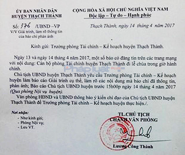 Chủ tịch huyện yêu cầu Trưởng phòng Tài chính - Kế hoạch huyện phải báo cáo giải trình vụ mang xe công đi lễ chùa.