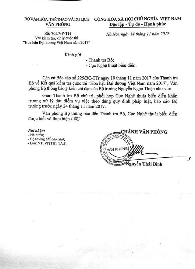 Văn bản do Chánh Văn phòng Bộ VHTT&DL ký truyền đạt ý kiến chỉ đạo của Bộ trưởng Nguyễn Ngọc Thiện.
