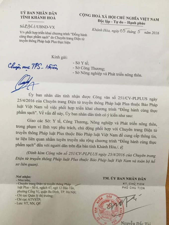 Công văn phúc đáp của UBND tỉnh Khánh Hòa.