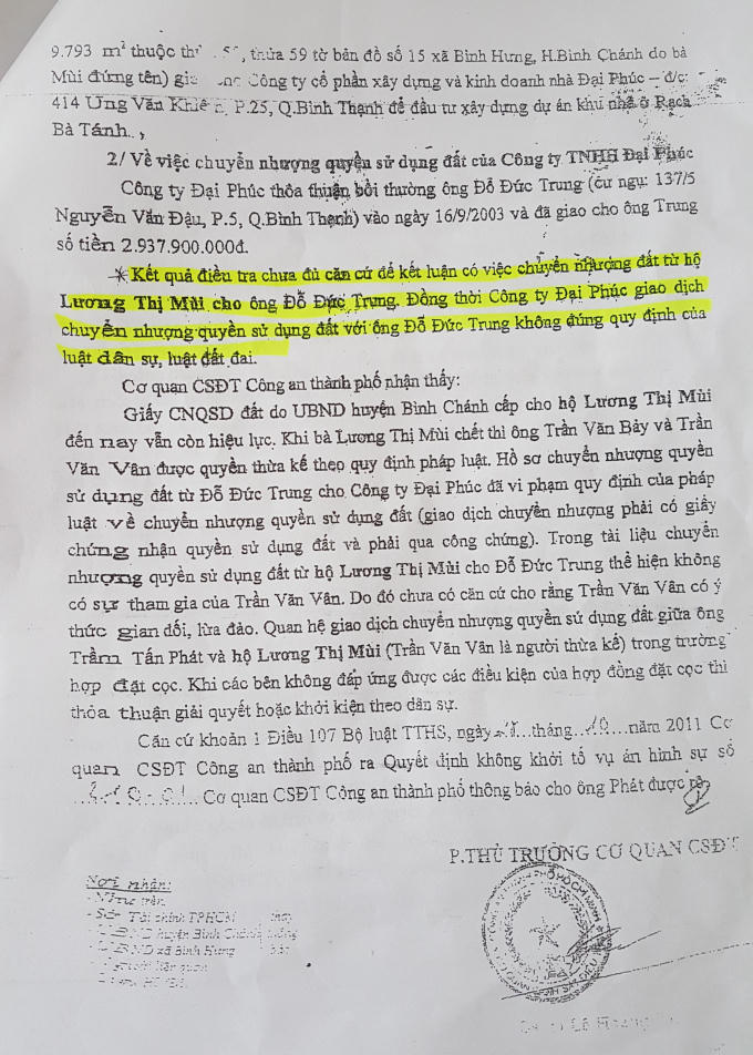 “Kết quả điều tra chưa đủ căn cứ để kết luận có việc chuyển nhượng đất từ hộ Lương Thị Mùi cho ông Đỗ Đức Trung, đồng thời Công ty Đại Phúc giao dịch chuyển nhượng quyền sử dụng đất với ông Đỗ Đức Trung không đúng quy định của luật dân sự, luật đất đai”.