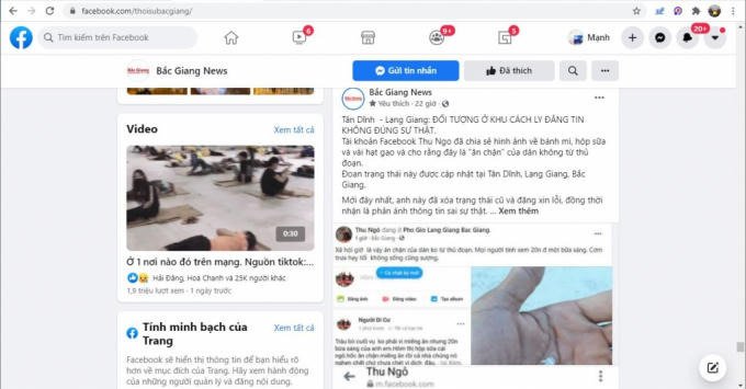 Thông in Fanpage Bắc Giang News chia sẻ