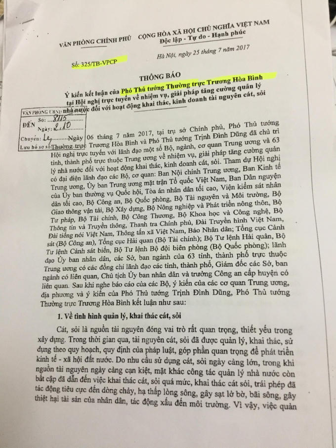 Thông báo của Phó thủ tướng Thường trực Trương Hòa Bình về nhiệm vụ QLNN đối với hoạt động kinh doanh tài nguyên cát, sỏi