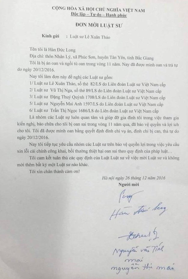 Ông Hàn Đức Long mời luật sư bảo vệ quyền lợi của mình trong việc yêu cầu xin lỗi và bồi thường oan sai.