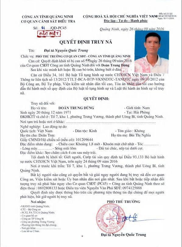Quyết định truy nã đặc biệt đối tượng Doãn trung Dũng.