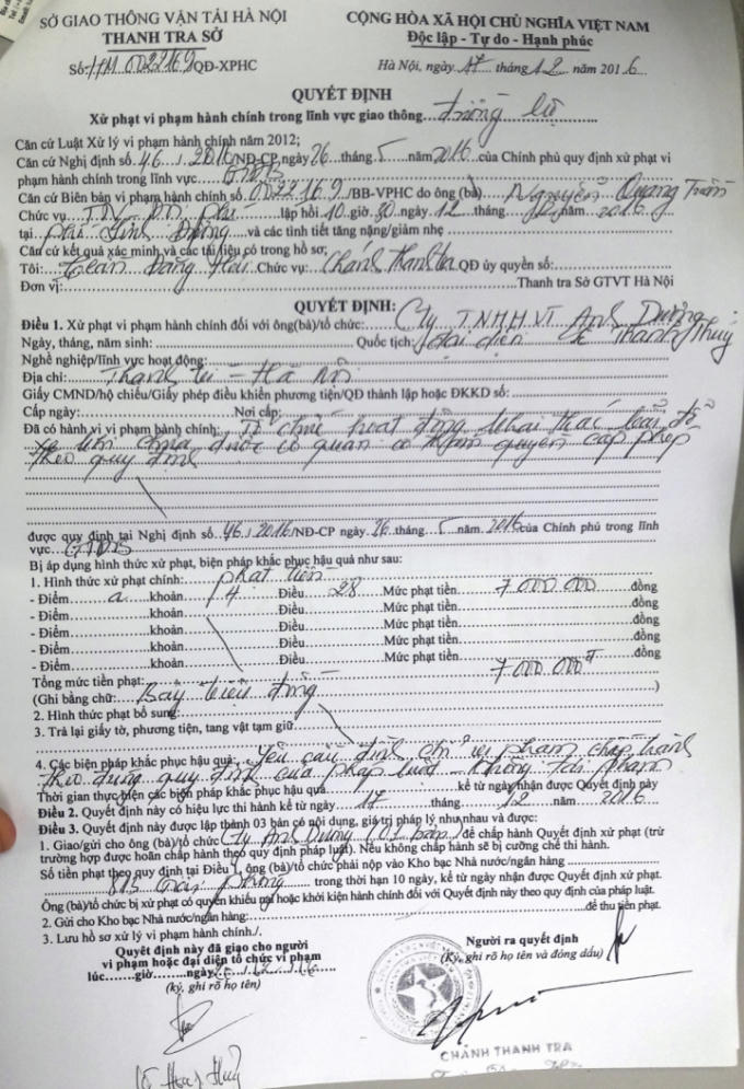 Quyết định xử phạt và đình chỉ hoạt động bãi trông giữ xe trái phép của Công ty Ánh Dương