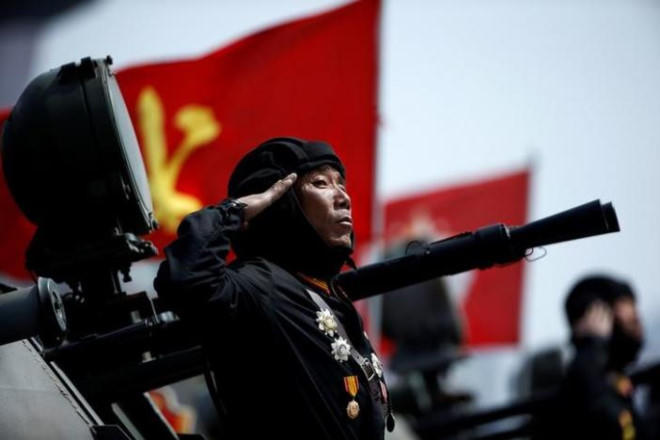 Binh sĩ Triều Tiên trong lễ duyệt binh ngày 15/4. Ảnh: Reuters.