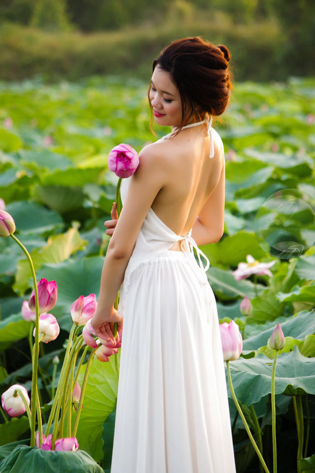 Đây là lần đầu tiên Bùi Linh (20 tuổi), chụp ảnh cùng sen. Cô nàng không ngờ, để có một bức hình ảnh đẹp dịu dàng, thướt tha bên sen lại khó đến thế (ảnh: Cương Pluto).