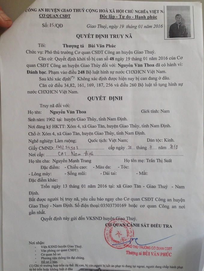 Quyết định truy nã ông Thoa