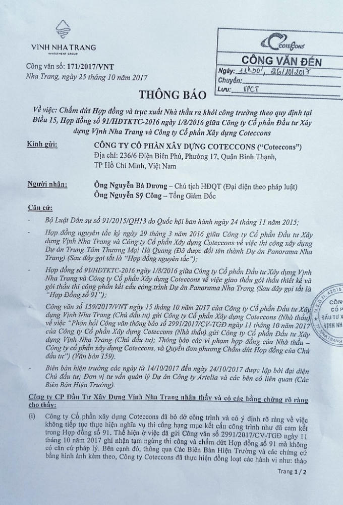 Kỳ 1- Tranh chấp tại Dự án Panorama Nha Trang: Có hay không việc chủ đầu tư nâng tầng khiến nhà thầu chấm dứt hợp đồng?
