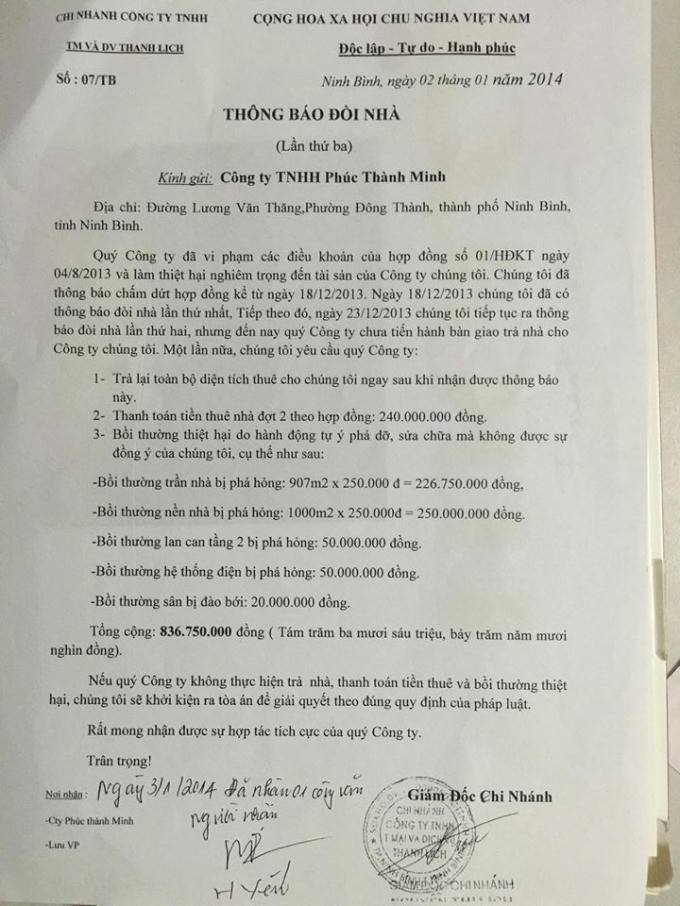 Thông báo đòi nhà đối với Công ty TNHH Minh Thành Phát.