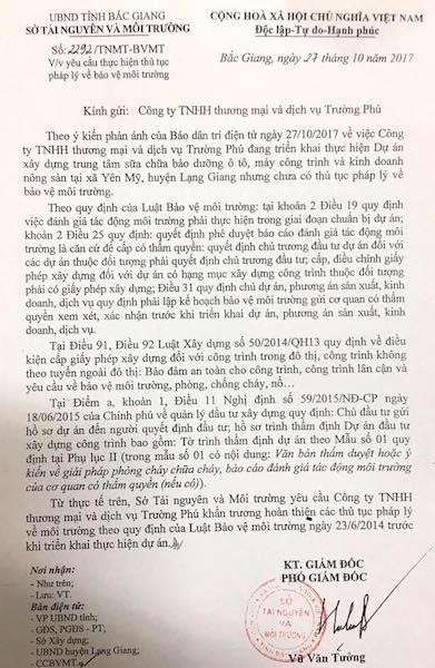 Một trong các văn bản Sở Tài nguyên và Môi trường tỉnh Bắc Giang viện dẫn luật thể hiện việc cấp phép xây dựng cần ĐTM.