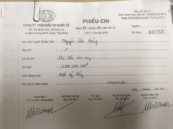 Công ty TNHH Đầu tư Quốc tế chứng minh việc chuyển tiền cho ông Hoàng.