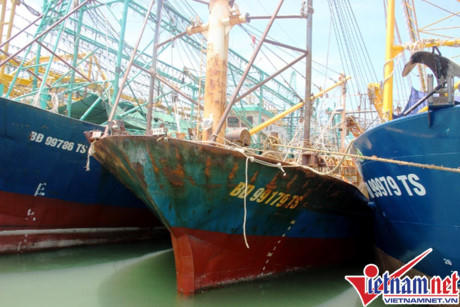 Tàu vỏ thép tiền tỷ bị han rỉ phải đắp chiếu nhiều ngày không được ra khơi. Ảnh: Huyền Trang