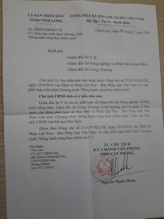 Công văn phúc đáp của UBND tỉnh Vĩnh Long