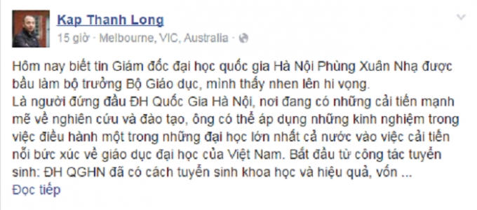 Bài viết của nhà báo Thành Long trên trang Facebook cá nhân.