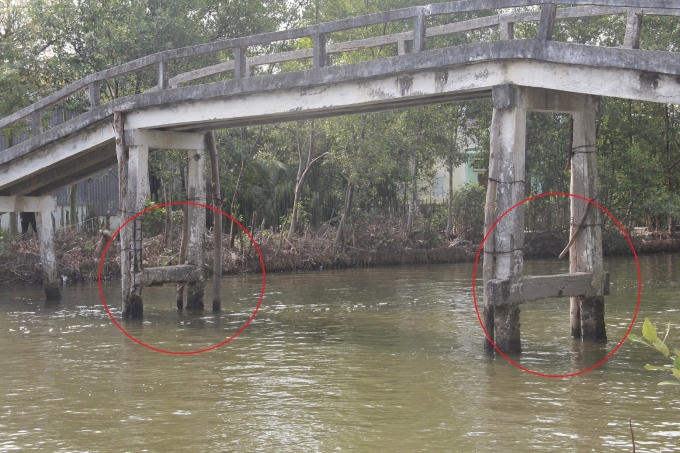 Cây cầu Cựa Gà cũ bị bong tróc bê tông, trơ cả lõi sắt ra ngoài.