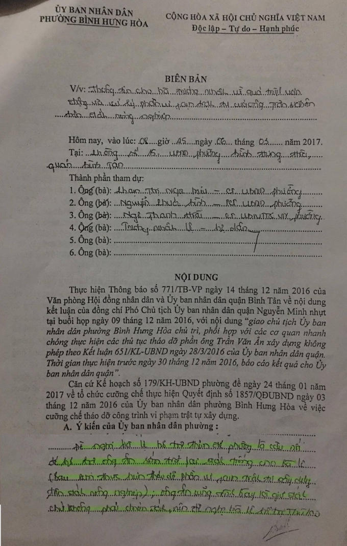 Biên bản ngày 6/3/2017 của UBND phường Bình Hưng Hòa, quận Bình Tân.