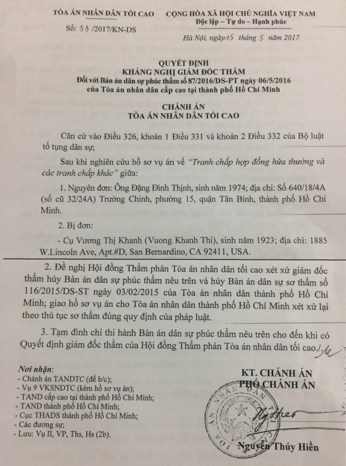 Quyết định kháng nghị giám đốc thẩm của Tòa án nhân dân tối cao.