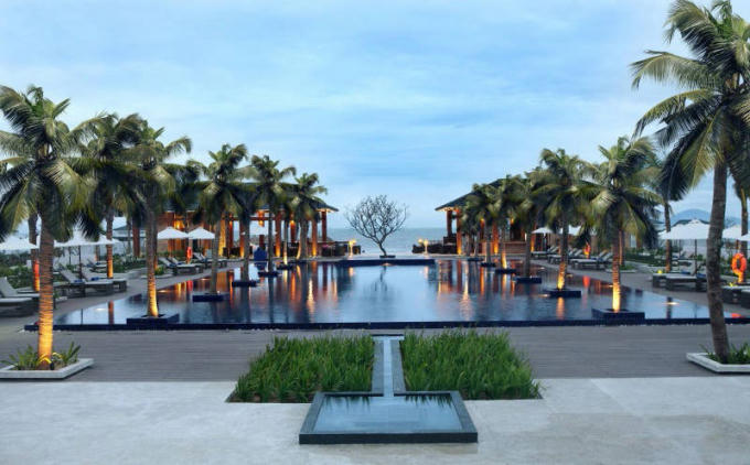 Bể bơi được quây quanh hàng dừa nhiệt đới. Sàn đá phiến sáng làm không gian thêm thoáng rộng.