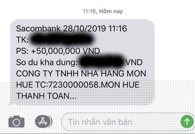 Công ty TNHH Nhà hàng Món Huế đã thanh toán 50 triệu đồng cho nhà cung cấp thịt bò.