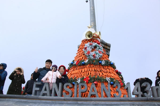 Và trên đỉnh Fansipan, dưới chân cột cờ là một cây thông khác được kỳ công kết từ 1,2 tấn cà rốt đỏ tươi, rực sáng như đốm lửa ấm áp trên Nóc nhà Đông Dương.