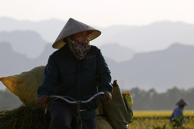Một nông dân bên cánh đồng vừa được gặt xong.