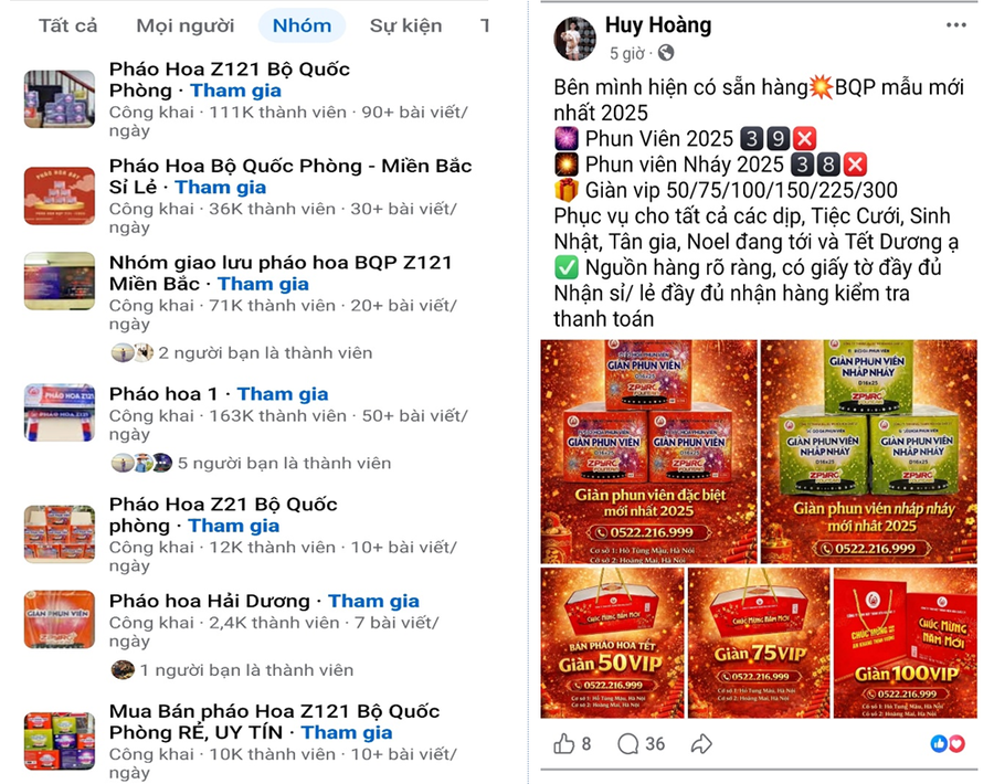 Hình ảnh một số fanpage, bài viết có nội dung rao bán các loại pháo hoa do Bộ Quốc phòng sản xuất trên mạng xã hội facebook. (Ảnh: CATH)