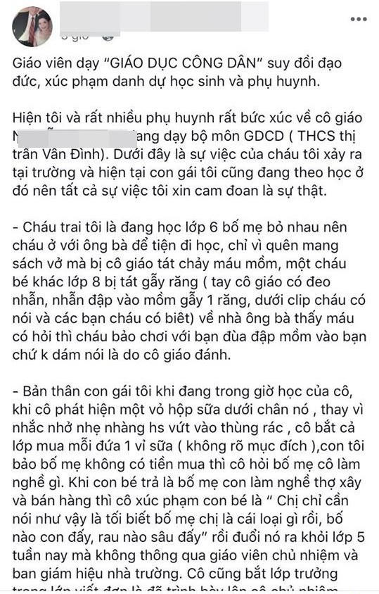 Tố cáo của phụ huynh học sinh trên mạng xã hội về vụ việc.