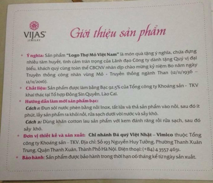 Giấy giới thiệu sản phẩm “Logo thợ mỏ Việt Nam”.