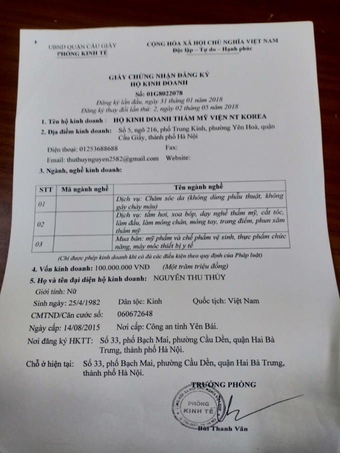 Giấy đăng ký kinh doanh số 01G8022078, được cấp bởi phòng Kinh tế quận Cầu Giấy, cơ sở này chỉ được thực hiện các dịch vụ làm đẹp chăm sóc da, không phẫu thuật, không gây chảy máu…