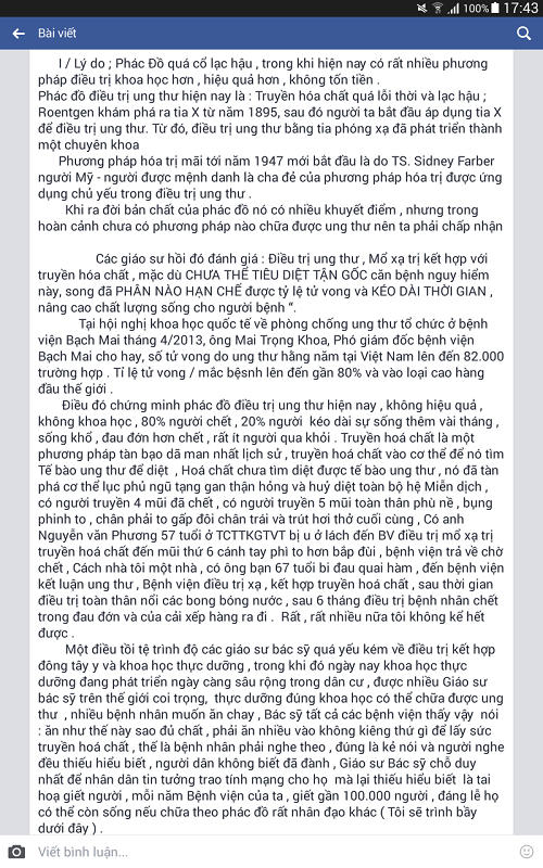 Thông tin sai lệch lan truyền trên facebook về cách điều trị ung thư. Ảnh chụp màn hình.