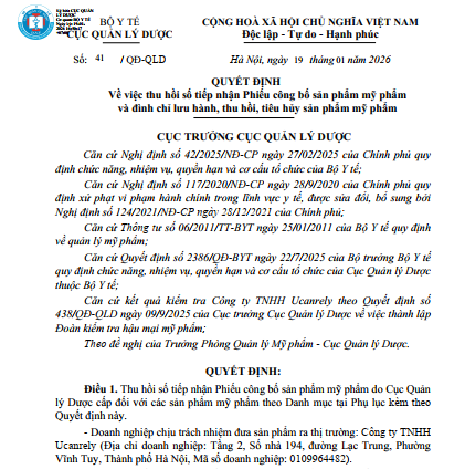 Cục Quản lý Dược (Bộ Y tế) vừa quyết định thu hồi số tiếp nhận phiếu công bố, đình chỉ lưu hành và tiêu hủy 77 sản phẩm mỹ phẩm của Công ty TNHH Ucanrely. (Ảnh chụp màn hình)