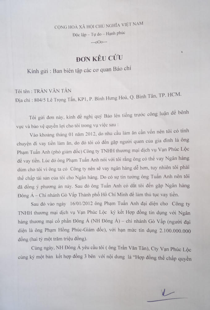 Đơn kêu cứu của ông Tân.