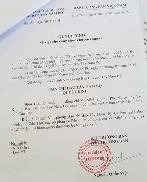 Quyết định chuyển ông Hoàng qua UBND TP Cần Thơ công tác chỉ sau 32 ngày khi ông này được bổ nhiệm chức Phó Vụ trưởng