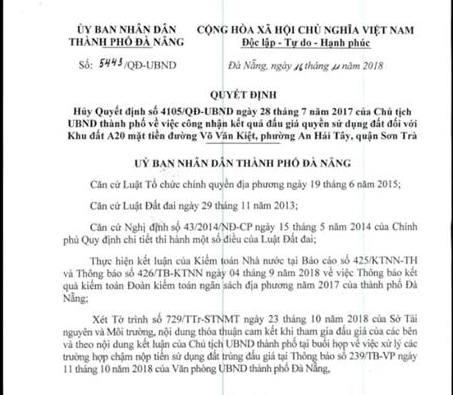 Quyết định hủy kết quả đấu giá của UBND TP Đà Nẵng.