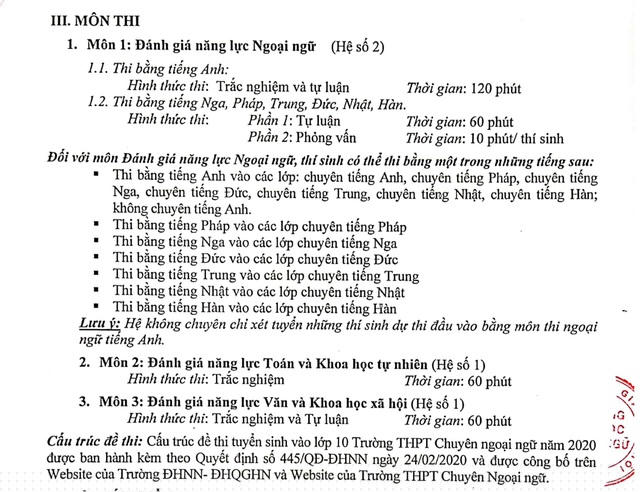 Môn thi vào lớp 10 THPT chuyên Ngoại ngữ (Ảnh: Website nhà trường). 
