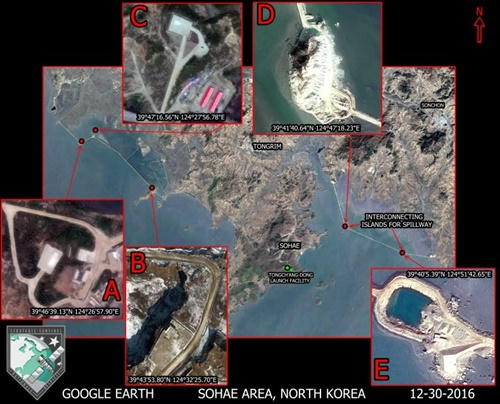 Ảnh vệ tinh được cho là do Triều Tiên xây dựng các đảo nhân tạo. (Ảnh: Google Earth)